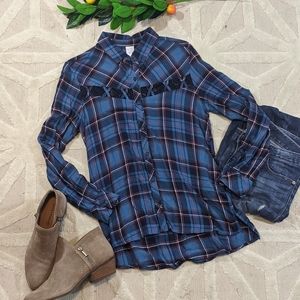 🟣 3/15 Blue Plaid Flannel Shirt w/Lace Cutouts Sz S